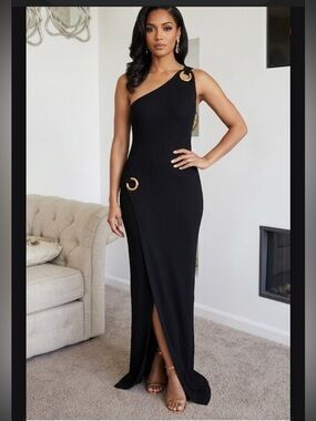 Balmain Black One-Shoulder Evening Gown with Gold Ring Hardware